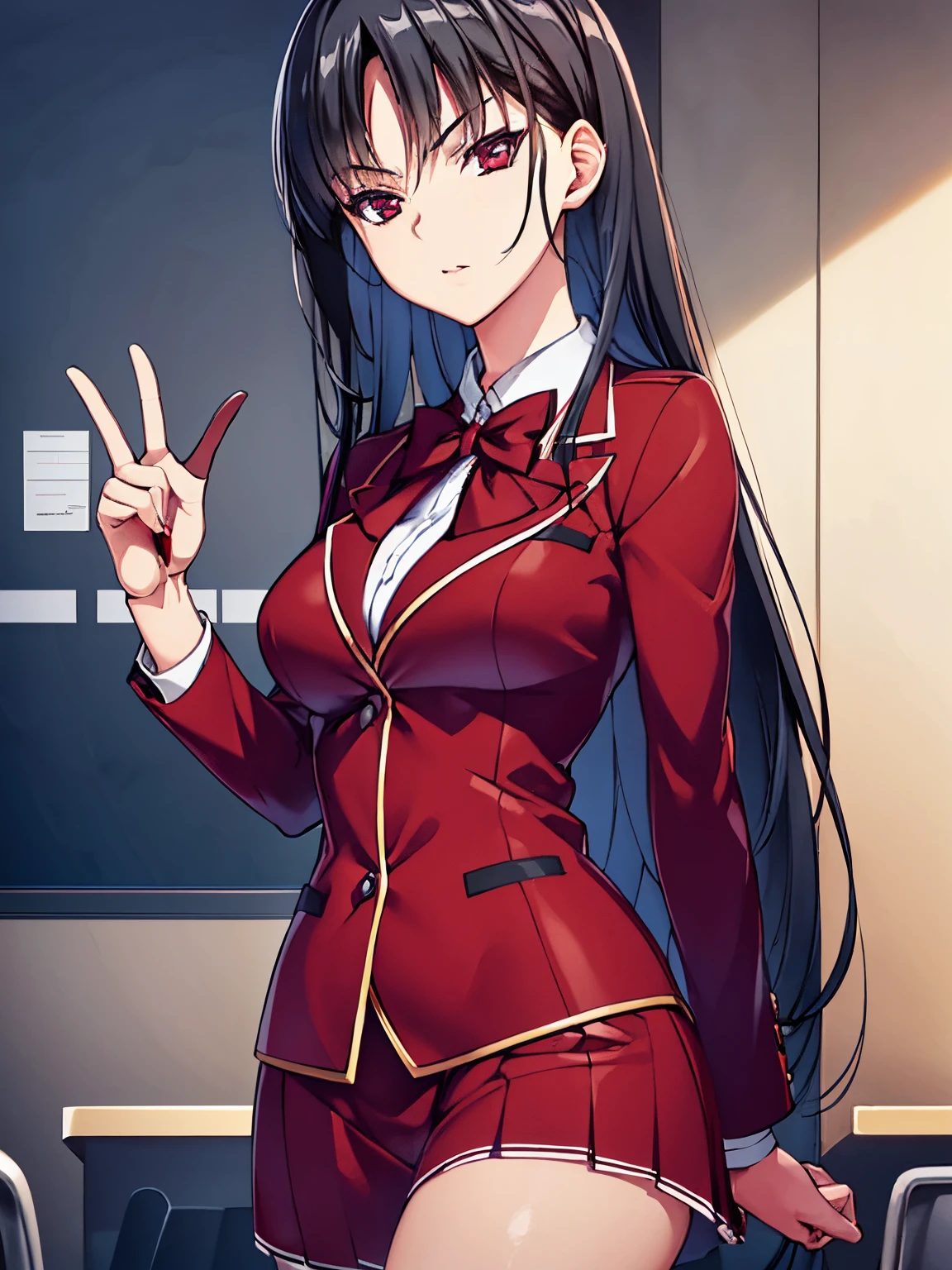 a woman in red school uniform,black hair, red eyes, classroom
masterpeace, best quality, (extremely detailed CG:1.4), highly detailed faces