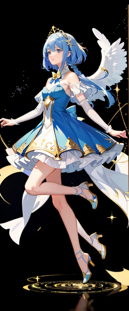 (Full body photo:1.4),white backgrounid,(1 Angel Girl,glistening stars,diadems,Delicate headgear,ssmile),(paper art,Quilted paper art,geometry),(Lots of colors,Best quality,high detal,tmasterpiece,movie light effect,4K,lightand shade contrast)Sheer tulle dress,Blue socks,Red straight hair,alice