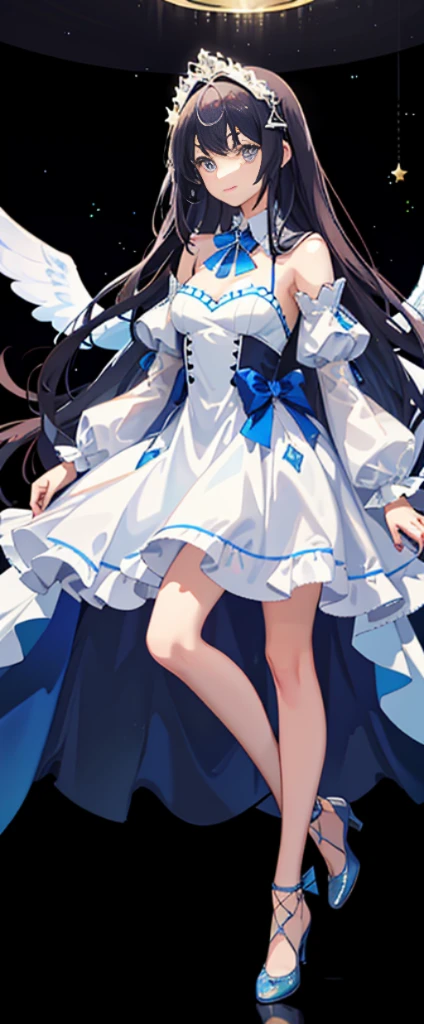 (solo:1.5), long hair, bride, blode hair, (white wedding dress), white thighhighs, white garter straps, white pointed toe flats, standing, full body, <lora:clamp128dim-epoch-000006:0.9>,