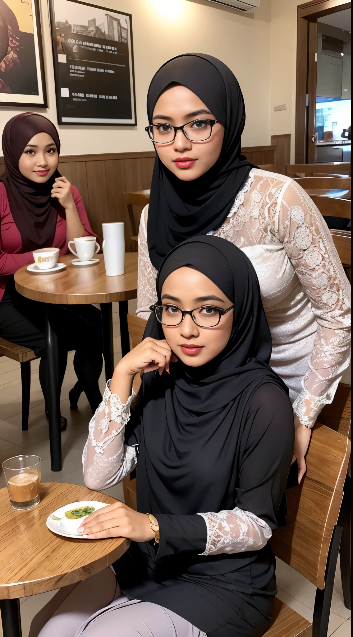A photo of a young, nerdy malay woman in hijab sitting in a cafe with 1 malay men in summer outfit standing behind, malay woman wearing dressing in skirts, dresses, and blouses with cute details like bows or ruffles, flounces and lace, surrounded by a cozy atmosphere, looking at the viewer. Hijab, slender, red lips, flirting with the camera