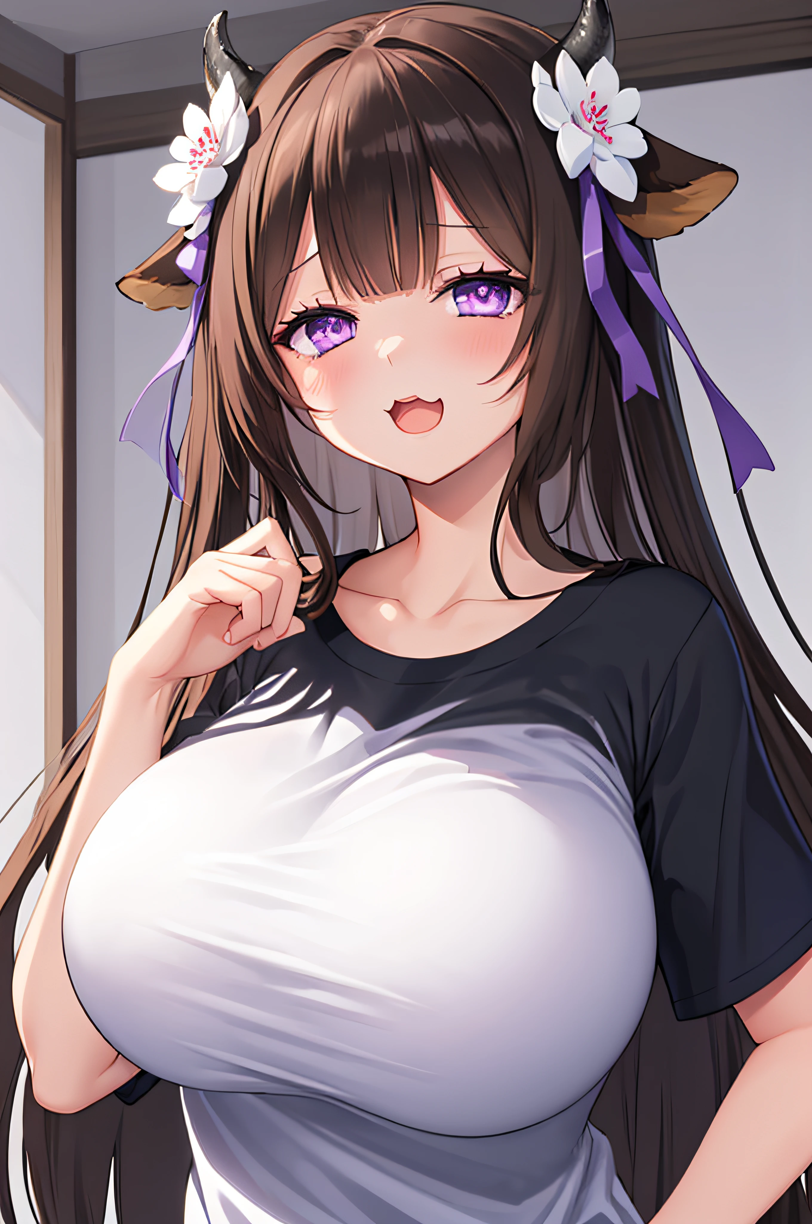 (masutepiece, Best Quality), Upper body, Looking at Viewer, 1girl in, Kashino, hair_flower_nffsw, Half-closed eyes, Purple eyes, smug, :3, Open mouth, Huge breasts, T-shirt, Black shirt, hand on own hip, gigantic huge tits,