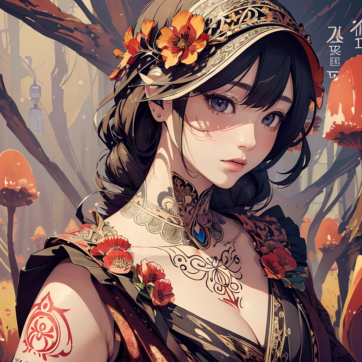 (masterpiece, top quality, best quality, official art, beautiful and aesthetic: 1.2), (1girl: 1.3), very detailed, (fractal art: 1.1), (color: 1.1) (flowers: 1.3), (by Yuko Higuchi:1.4), Higuchi Yuko,(by Yoh:1.2),(lineart),line drawing,pen drawing,zentangle,(tattoo pattern:1.2),(Intricate lines),(masterpiece),(best quality:1.1), (ultra-detailed),best illustration,finely detail,hand drawn high quality,High contrast,(clean lines:1.3),ligne claire,(Portrait),(extremely close-up:1.1),1 girl,solo,A girl is surrounded by red mushrooms,(Intricate details:1.3),(detailed background:1.2),(colored background:1.1),sketch,Intricate details,High Resolution