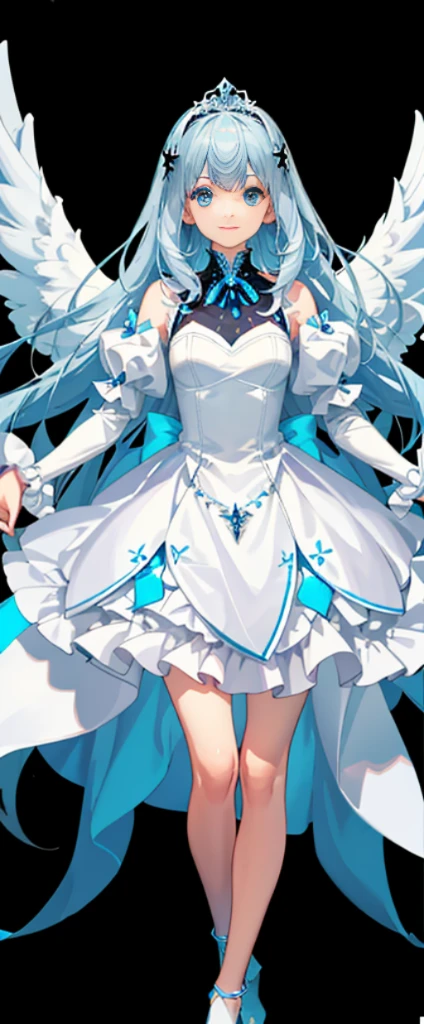 （fully body photo：1.4），white backgrounid，（1 Angel Girl，gleaming silver，diadems，Delicate tiara，ssmile），（paper art，Quilted paper art，geometry），（Lots of colors，Best quality at best，high detal，tmasterpiece，movie light effect，4K，lightand shade contrast）Sheer tulle dress，Blue socks，Blue straight hair，mecha-girl