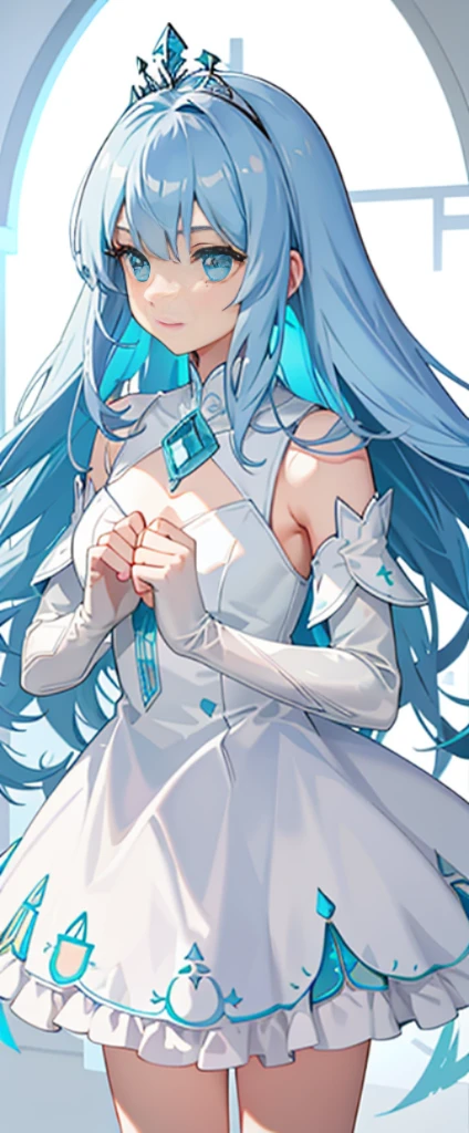 (fully body photo:1.4),white backgrounid,(1 Angel Girl,gleaming silver,diadems,Delicate tiara,ssmile),(paper art,Quilted paper art,geometry),(Lots of colors,Best quality at best,high detal,tmasterpiece,movie light effect,4K,lightand shade contrast)Sheer tulle dress,Blue socks,Blue straight hair,mecha-girl