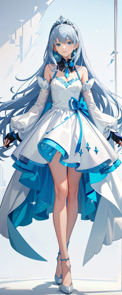 (fully body photo:1.4),white backgrounid,(1 Angel Girl,gleaming silver,diadems,Delicate tiara,ssmile),(paper art,Quilted paper art,geometry),(Lots of colors,Best quality at best,high detal,tmasterpiece,movie light effect,4K,lightand shade contrast)Sheer tulle dress,Blue socks,Blue straight hair,mecha-girl