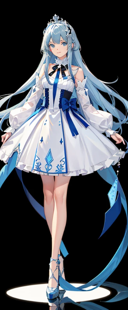 (fully body photo:1.4),white backgrounid,(1 Angel Girl,gleaming silver,diadems,Delicate tiara,ssmile),(paper art,Quilted paper art,geometry),(Lots of colors,Best quality at best,high detal,tmasterpiece,movie light effect,4K,lightand shade contrast)Sheer tulle dress,Blue socks,Blue straight hair,mecha-girl