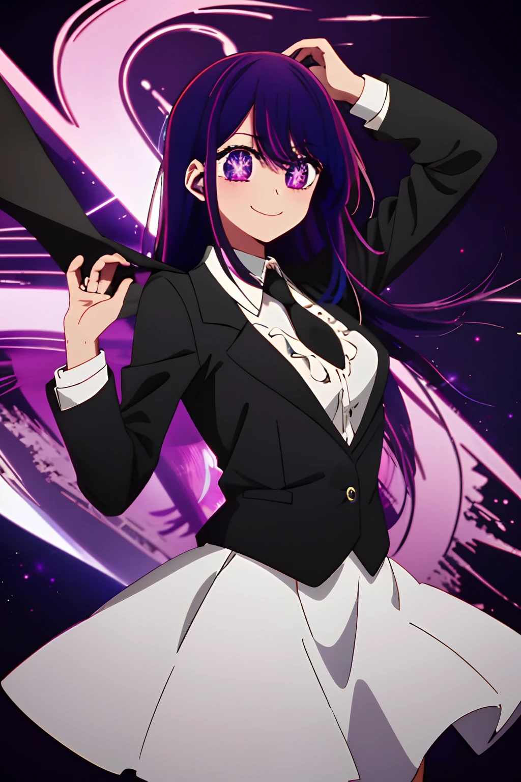 2d, masterpiece, best quality, anime, highly detailed, cowboy shot, 1girl, solo, black suit and tie, purple hair, purple galaxy hair, purple eyes, , looking at viewer, smile, bangs, Star symbol-shaped pupils, heart-shaped pupils, medium breast, black background