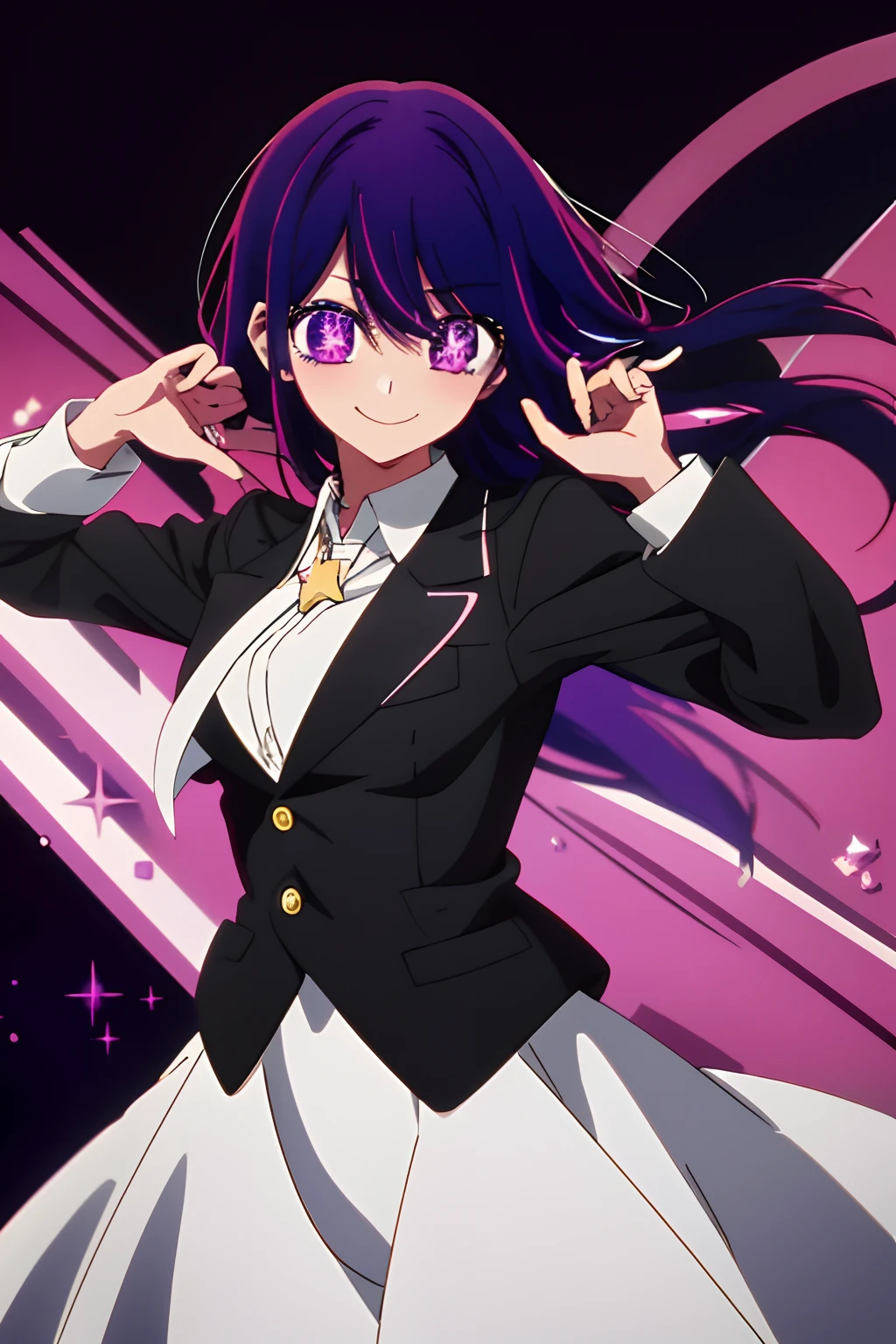 2d, masterpiece, best quality, anime, highly detailed, cowboy shot, 1girl, solo, black suit and tie, purple hair, purple galaxy hair, purple eyes, , looking at viewer, smile, bangs, Star symbol-shaped pupils, heart-shaped pupils, medium breast, black background