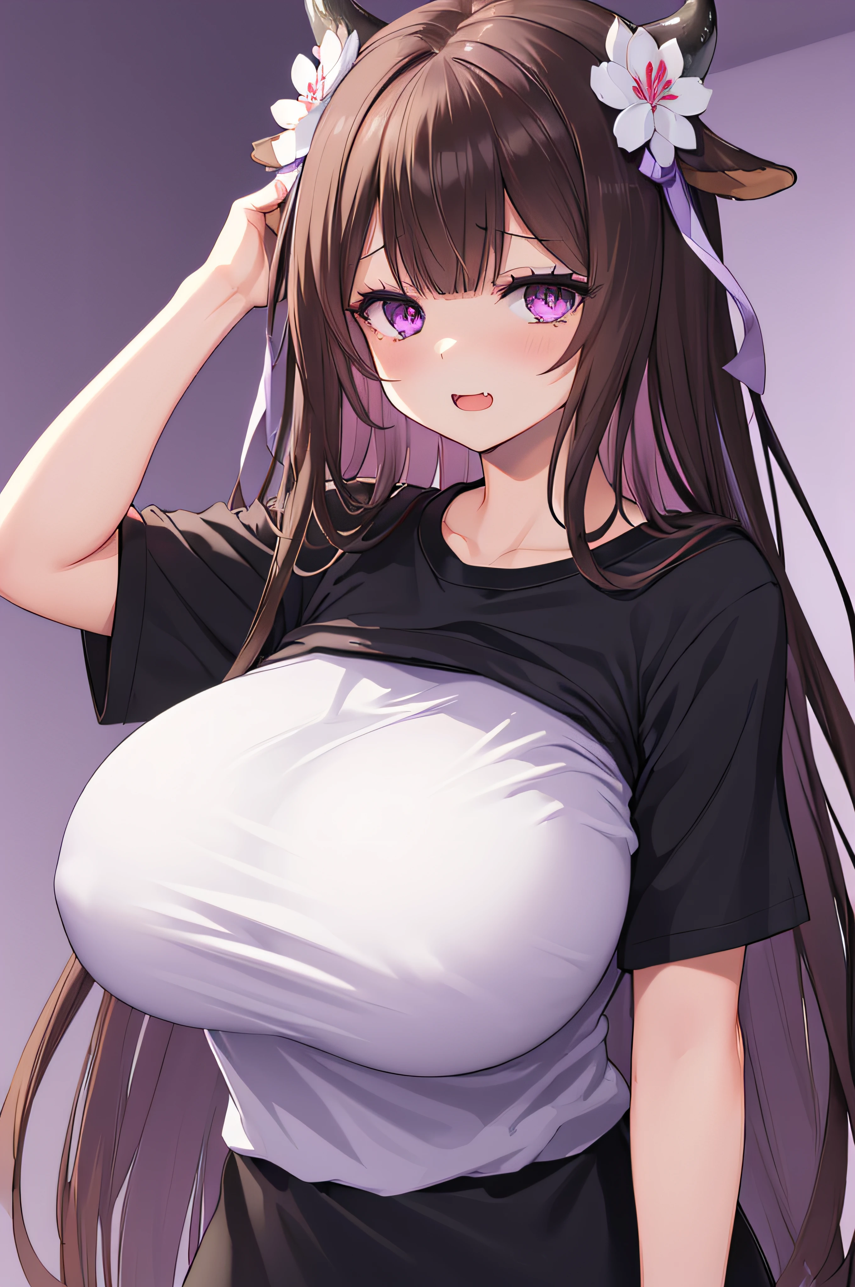(masutepiece, Best Quality), Upper body, Looking at Viewer, 1girl in, Kashino, hair_flower_nffsw, Half-closed eyes, Purple eyes, smug, :3, Open mouth, Huge breasts, T-shirt, Black shirt, hand on own hip, gigantic huge tits,