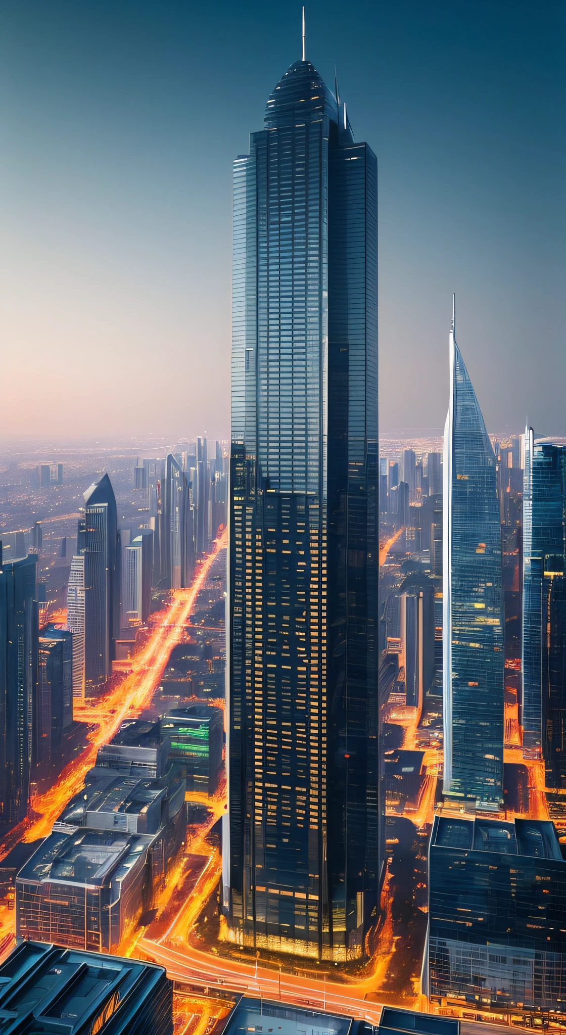 Top view of a futuristic giant skyscraper,Lots of fireworks,Arafed image of a building,There are windows that are illuminated at night, Inspired a lot by Andreas Gursky,janelas, pale . millions of windows, Many windows, endless empty office building, people at work, Unique monumental architectural focus,