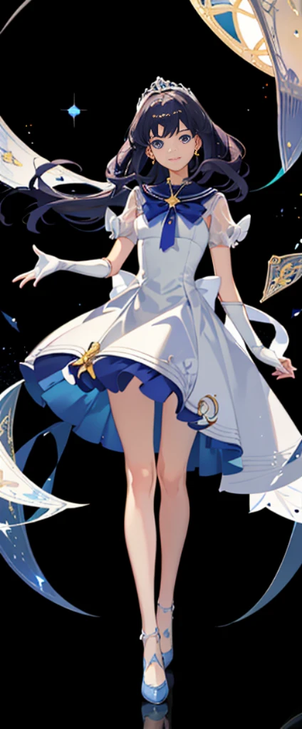 (fully body photo:1.4),white backgrounid,(1 Angel Girl,glistening stars,diadems,Delicate tiara,ssmile),(paper art,Quilted paper art,geometry),(Lots of colors,Best quality at best,high detal,tmasterpiece,movie light effect,4K,lightand shade contrast)Sheer tulle dress,Blue socks,Red straight hair,the sailor moon