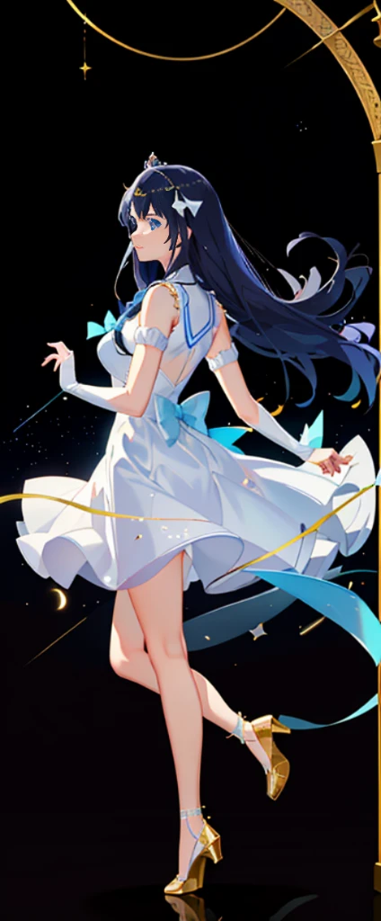 (fully body photo:1.4),white backgrounid,(1 Angel Girl,glistening stars,diadems,Delicate tiara,ssmile),(paper art,Quilted paper art,geometry),(Lots of colors,Best quality at best,high detal,tmasterpiece,movie light effect,4K,lightand shade contrast)Sheer tulle dress,Blue socks,Red straight hair,the sailor moon