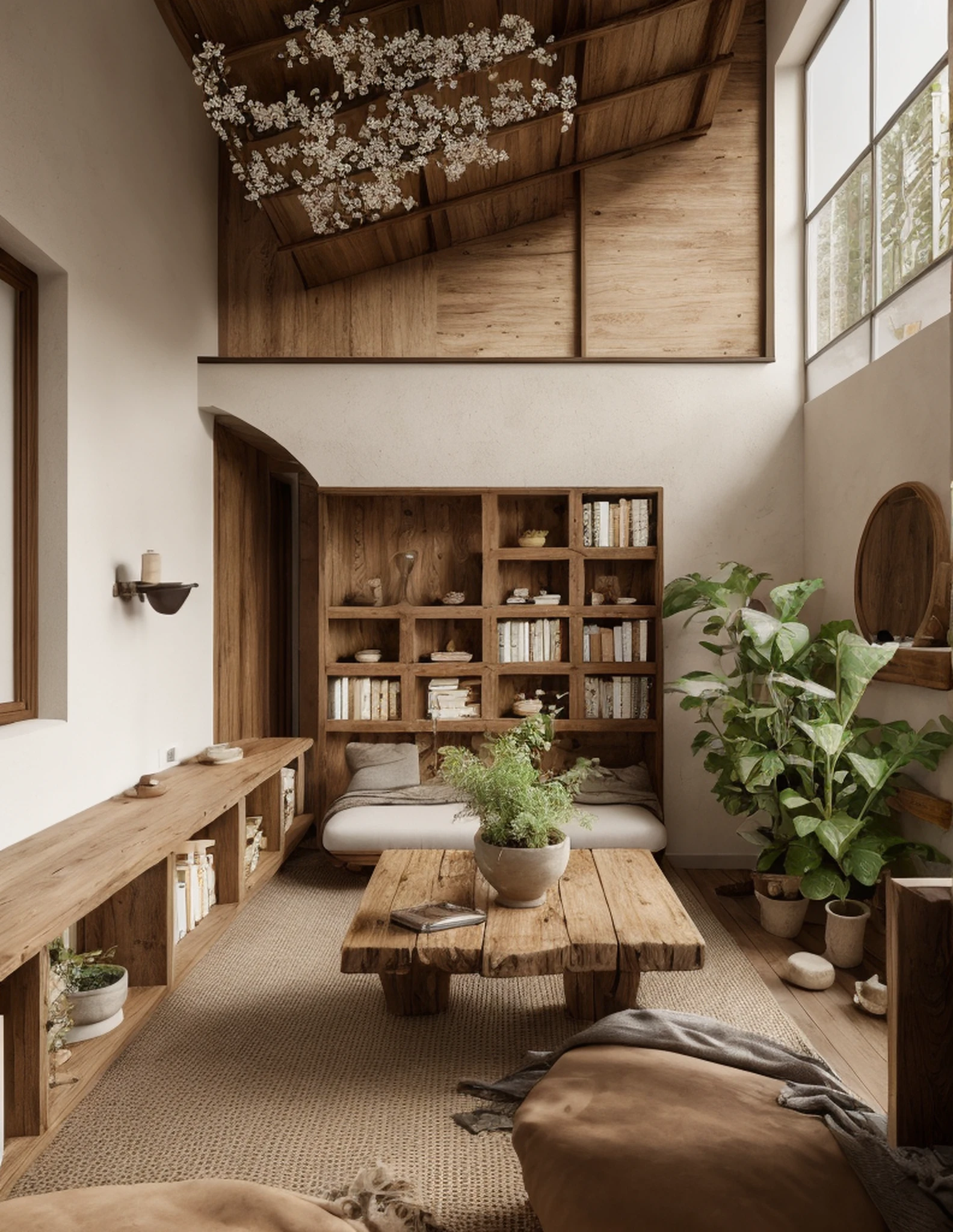 wabi sabi livingroom interior, large glass window, garden outside, dinning table and chair, couch, rough-hewn wood coffee table, sunlighting,neutral lighting, low contrast, potted plant, picture frame, bookshelf, books, drape