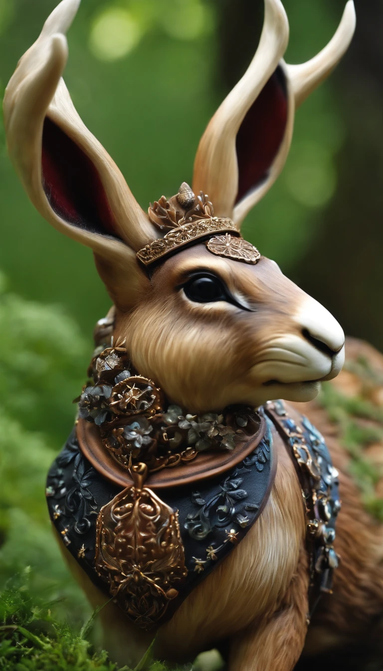 Ritter Jackalope, kurzes lila Haar, Jackalope-Geweih, dark armor(Meisterwerk, best quality)