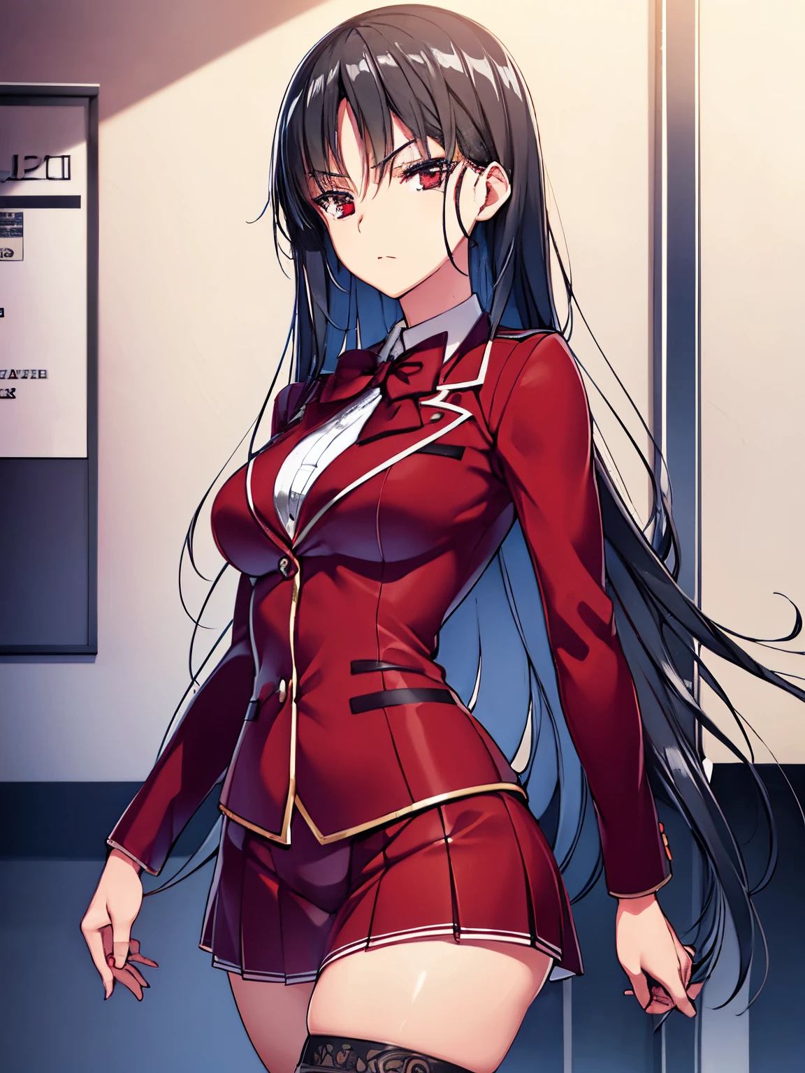 a woman in red school uniform,black hair, red eyes, classroom
masterpeace, best quality, (extremely detailed CG:1.4), highly detailed faces