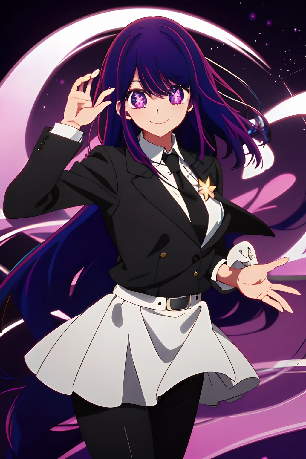 2d, masterpiece, best quality, anime, highly detailed, cowboy shot, 1girl, solo, black suit and tie, purple hair, purple galaxy hair, purple eyes, , looking at viewer, smile, bangs, Star symbol-shaped pupils, heart-shaped pupils, medium breast, black background