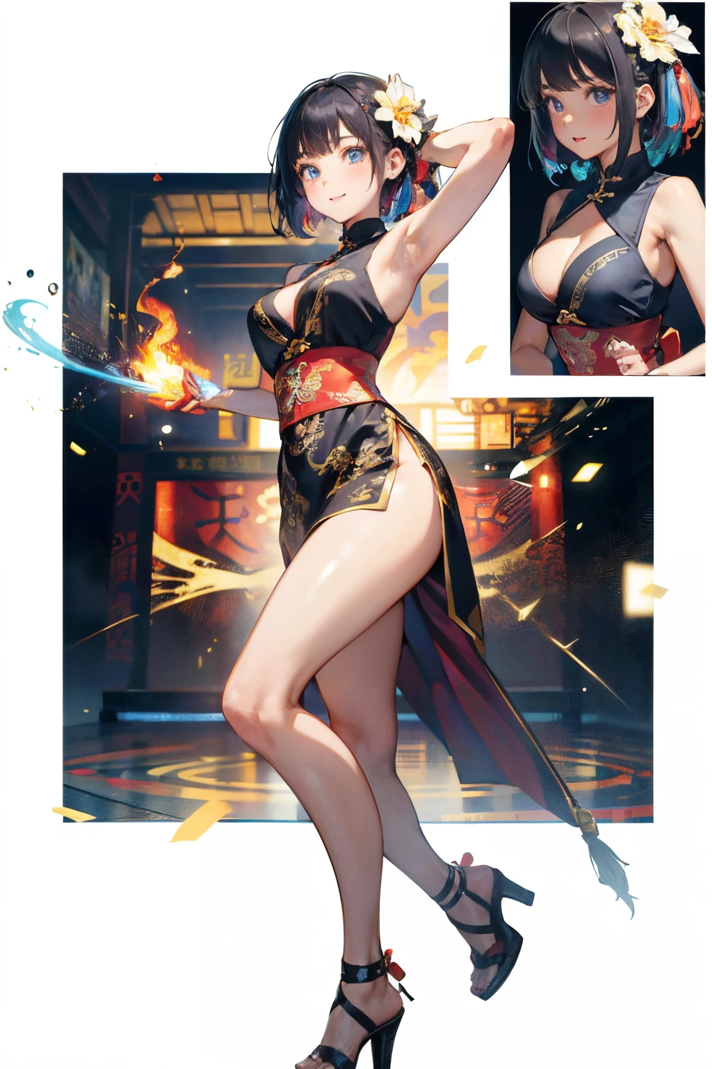 a 20 yo woman、Black-haired head hair、Bery short hair、Big smile、cleavage of the breast、Thighs at a glance、Purple cheongsam with open chest(hi-top fade:1.3)、dark themed、Muted Tones、Subdued Color、highly contrast、(natural skin textures、Hyper-Realism、Soft light、sharp)、(Official art、Best Quality、Unity 8k Wallpapers、32K、​masterpiece、ultra-detailliert、超A high resolution、realisitic、Photorealsitic:1.2)、(Cinematic lighting:1.2)、Fireglow effect、film grains、Best Shadows、Rim lighting、side lights、sideshot、(Ultra-detailed and complex 3D rendering)、Detailed beautiful face and eyes、A slender、Medium bust、(Full body:1.2)、 Highly detailed background、Chinese Restaurant、beauitful face、blurry backround、a beauty girl、(super detailed skin、detailed skin textures:1.3)、Black hair、short-hair、braided ponytails、Blue eyes、Red cheongsam with gold thread embroidery、Wearing high heels、Floral hair ornament、Gentle smile、(thighs thighs thighs thighs:0.9)、(kung fu pose:1.2)、dynamicposes、Chinese boxing、Kungfu　Tai Chi Chinese martial arts　Stick Technique　Gunplay　Natural material sticks for guns、The tattoo、（abstract art,psychedelia theme）、