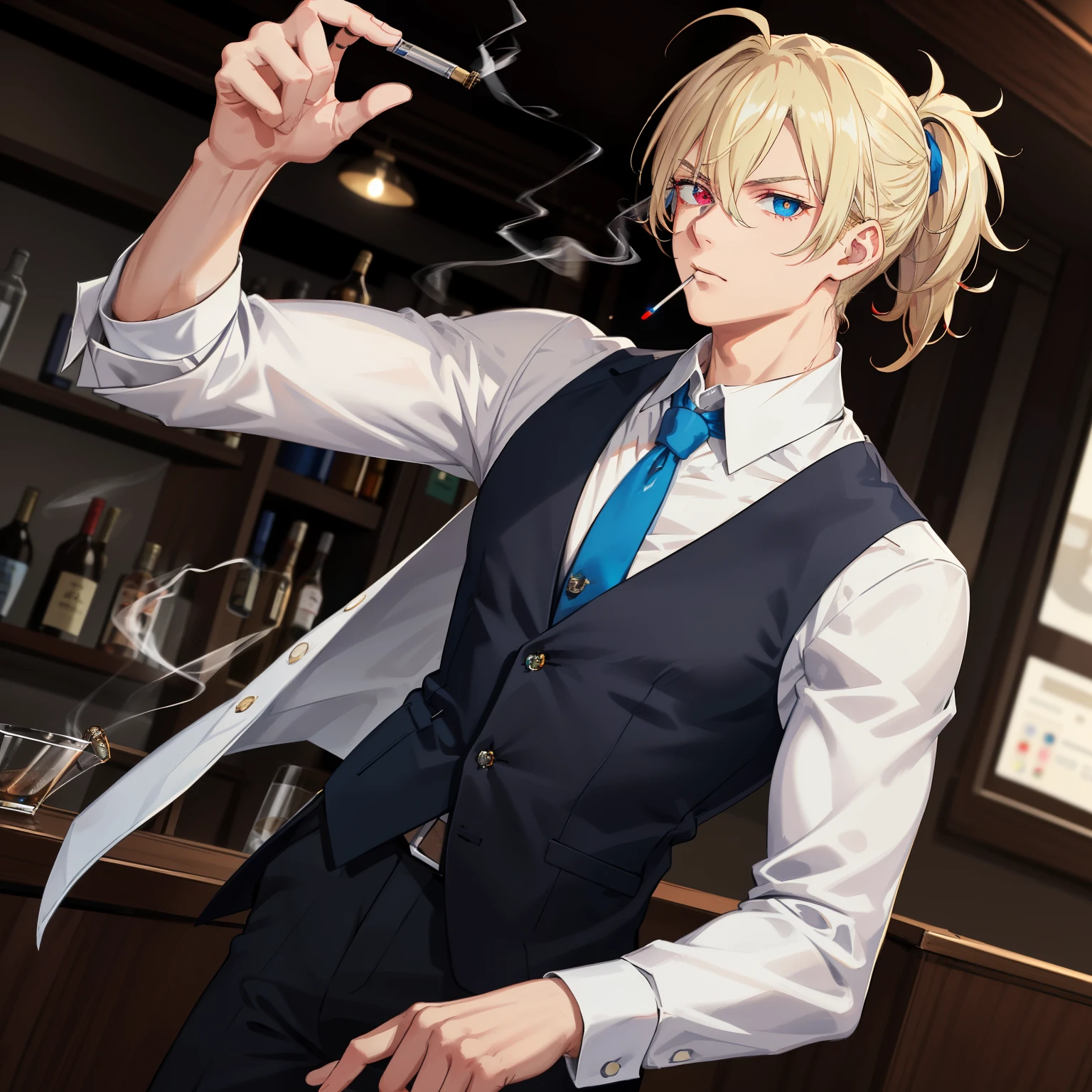Dynamic pose, dynamic angle, (( Teen Man)), ((Has a little muscle)), ((Masculine)), ((Handsome)), ((Messy hair with low pony tail)),((Blonde-Yellowish Hair)), ((Heterochromic)), ((red left eye)), ((blue right eye)), ((wearing white shirt with vest)),((neck tie)), ((smoking)), ((cool)), mafia, in a pub, night, white shirt, black vest, neck tie, biceps, silver wrist watch, cigarette, smug, cool, calm, monocle, ((1 person only)), ((red eye, blue eye)), ((sharp cold eyes)), ((looking at camera))