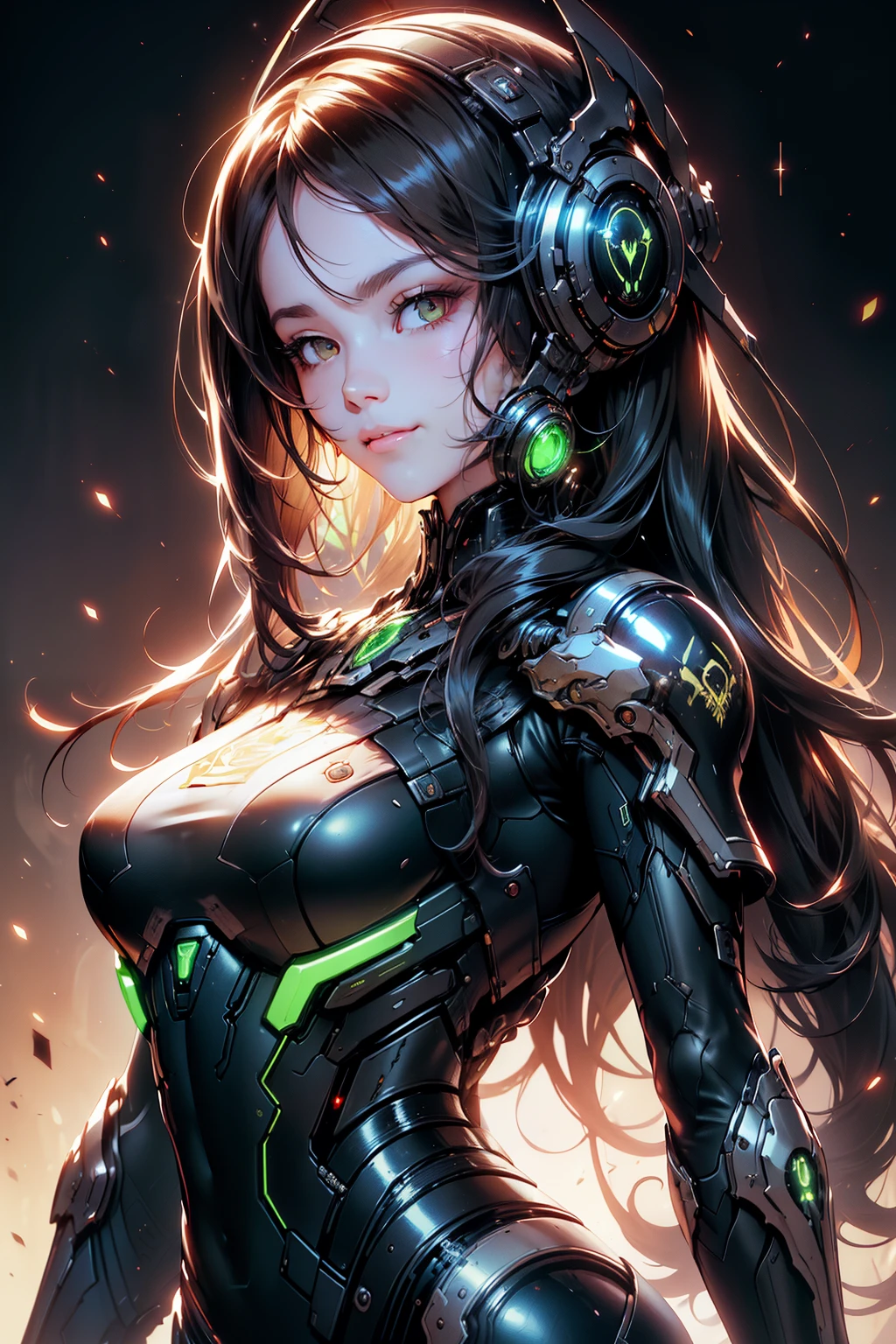 masterpiece, best quality, beautiful detailed hair detailed face, perfect feminine face, (happy:1.2), cyberskull mask, (close-up potrait:1.2), face focus, a beautiful and cute warframe woman and glowing black hair, red neon lighting, (sci-fi cyberpunk bodysuit), (heavy armor), solo, 1girl, ahoge, side hair, very long hair, shiny skin, shiny foreheads, lens flare, sharp focus, volumetric lighting, trending on artstation, pixiv, by sakimichan, george kamitani, akira yasuda, alphonse mucha, greg rutkowski, gil elvgren, william-adolphe bouguereau