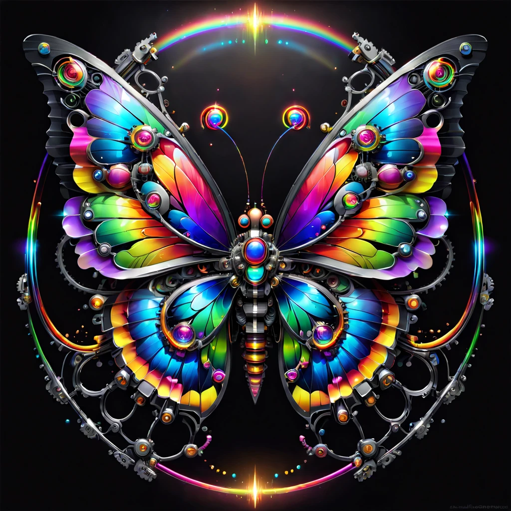 pixel sorted,Futuristic fantasy butterfly,Sci-fi butterflies,Futuristic butterflies,Mechanical butterfly,Fly petals,Metal polished mechanical butterfly painting on black background,Rainbow with neon wings,Form different structures, stunning render, Magical rainbow elements,Brilliant circular rainbow composition,symetrical composition,Alone, Beautiful symmetry, Symmetrical wings, magnificent art, Symmetrical wings, Detailed digital art