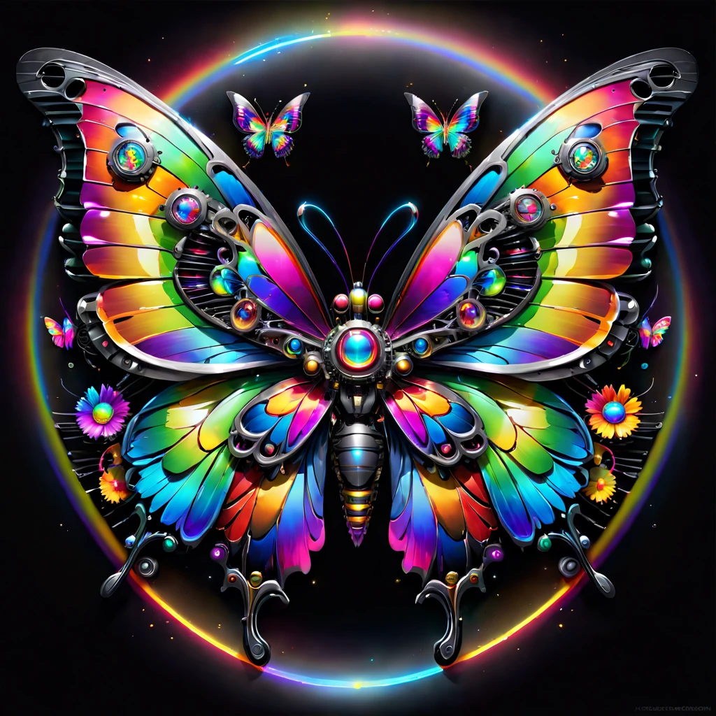 pixel sorted,Futuristic fantasy butterfly,Sci-fi butterflies,Futuristic butterflies,Mechanical butterfly,Fly petals,Metal polished mechanical butterfly painting on black background,Rainbow with neon wings,Form different structures, stunning render, Magical rainbow elements,Brilliant circular rainbow composition,symetrical composition,Alone, Beautiful symmetry, Symmetrical wings, magnificent art, Symmetrical wings, Detailed digital art