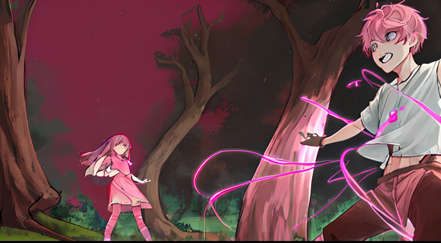 magical forest, pink hair girl, brown hair boy
