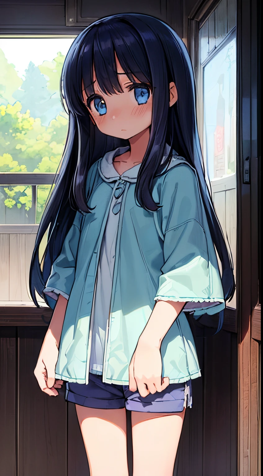 Beautiful illustration, Best Quality,(12-year-old girl:1.5)、(cute petit girl：1.6)、Lori、flat chest、(Poncho、twill shorts：1.5)、Gap between thigh and shorts、Clean thighs、Beautiful blue eyes, Cinematic lighting, (Long)、((straight haired))、(Ashamed:1.2)、Redness of the cheeks、