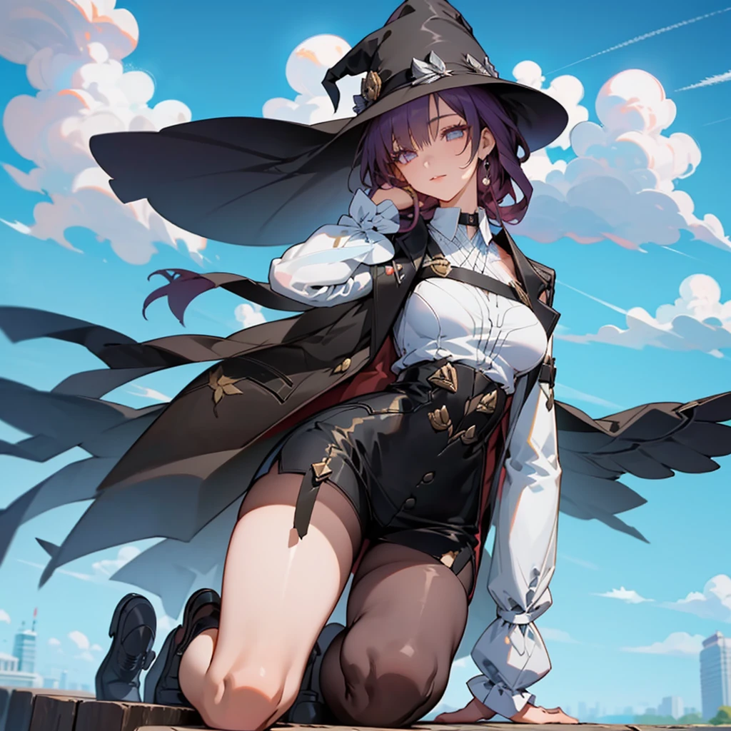 Full body, Delicate Face, Beautiful Face, 30 Year Old Woman, Slim Figure, Large Bust, OL Uniform, Office Wear, Black Stockings, Kneeling legs open, (Masterpiece) best quality, highly detailed, masterpiece, ultra-detailed, cloud, witch_hat, hat, 1girl, sky, blue_sky,day, long_hair, cloudy_sky, moon,bird, solo, silver_hair, witch, outdoors