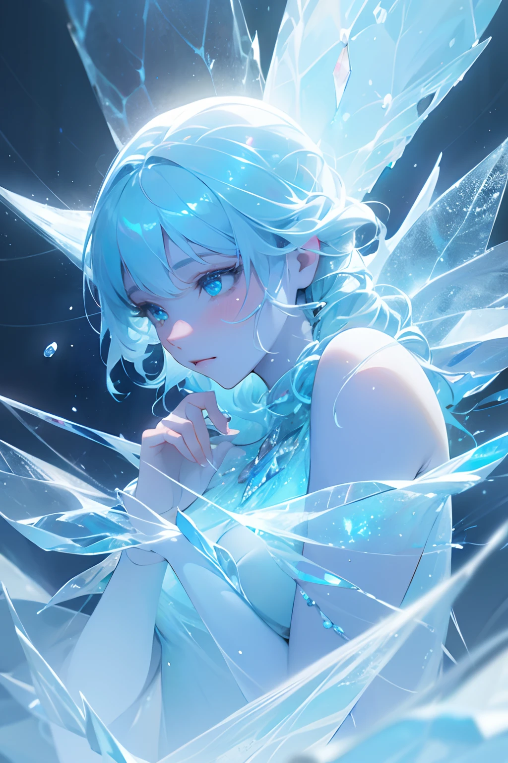 (best quality,4k,8k,highres,masterpiece:1.2),ultra-detailed,(realistic,photorealistic,photo-realistic:1.37),transparent girl,ice element,transparent creature,blue,translucent skin,transparent body,ice textures,sparkling light,glowing eyes,icy environment,shimmering reflections,pearlescent colors,sub-zero temperature,crystalline structures,frozen flowers,serene atmosphere,frost-covered landscape,cold and ethereal,icy tendrils,hint of frostbite,chilling beauty,delicate icicles,subtle winter breeze,sublime purity,surreal frost patterns,frozen wonderland,otherworldly presence,watercolor effect,diaphanous fabric,glimmering aurora borealis,magical ice sculptures,captivating fragility,ethereal glow,dreamlike ambiance,subdued lighting,whispers of snowflakes,enchanted stillness,mesmerizing crystallization,icy blue hues,delicate frost crystals.