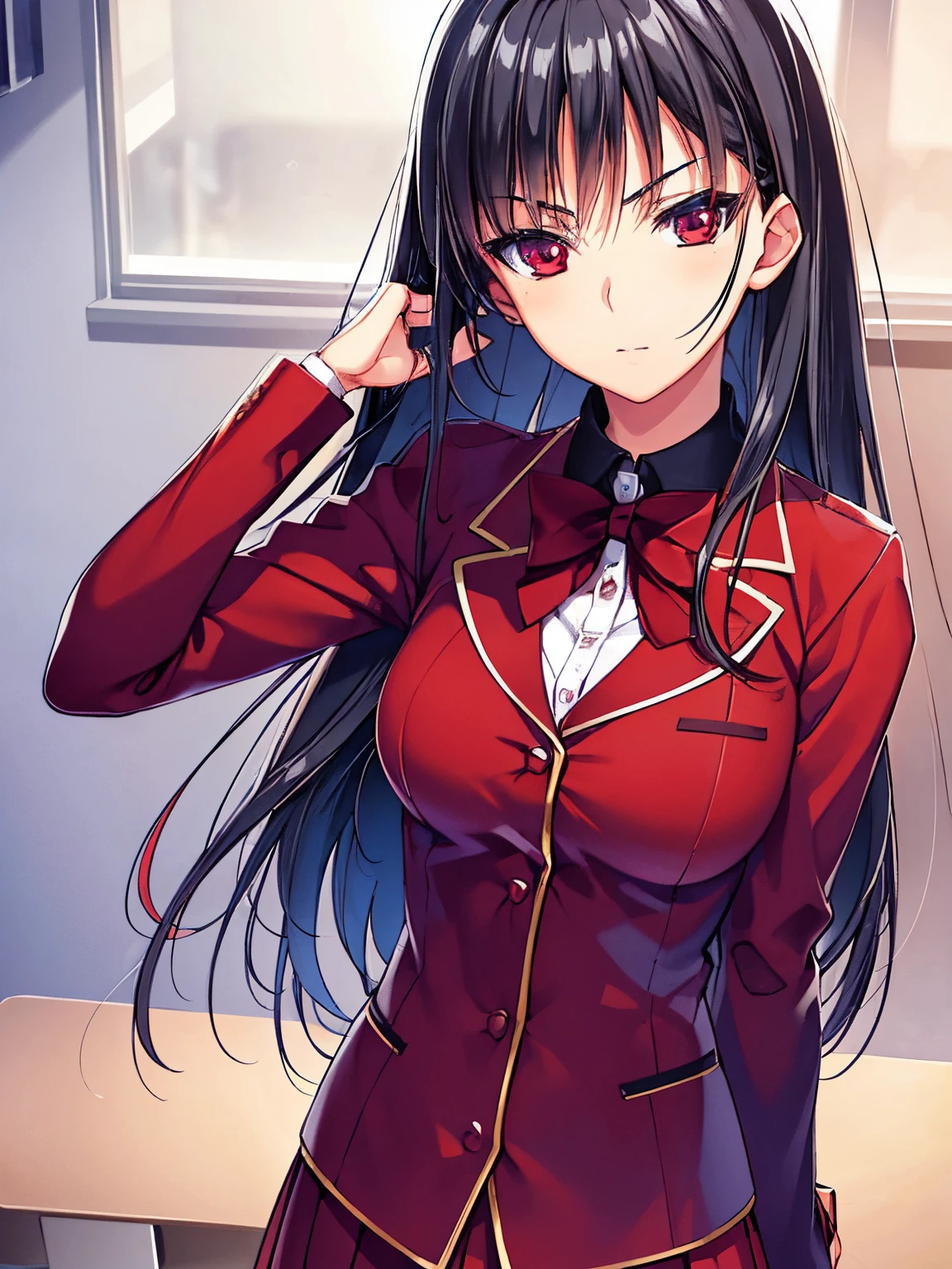 a woman in red school uniform,black hair, red eyes, classroom
masterpeace, best quality, (extremely detailed CG:1.4), highly detailed faces