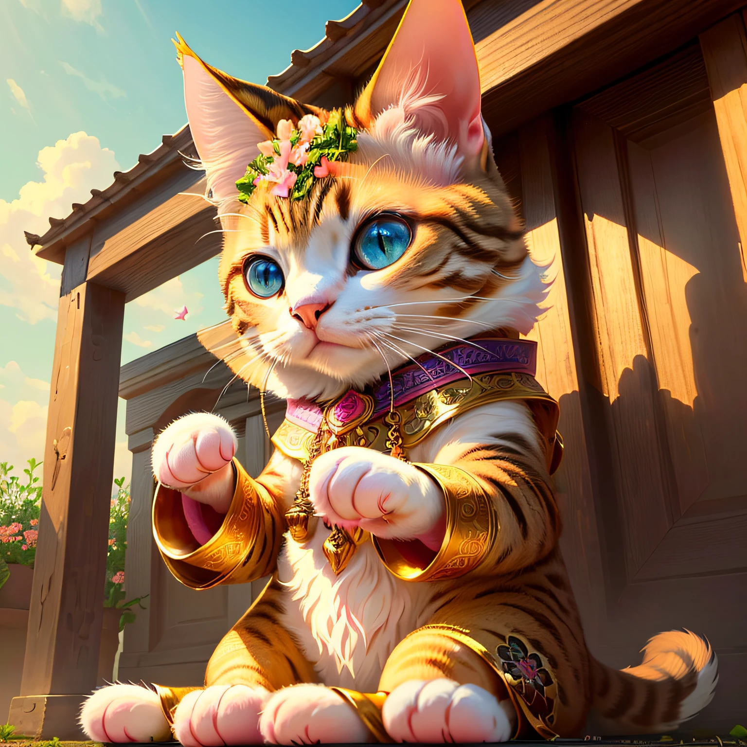 beautiful detailed eyes,gorgeous face,surrounded by pink flowers,steady gaze,attracts love luck,swinging cat's tail,posing in the garden,(best quality,4k,high resolution),vibrant colors,artistic rendering,pink background