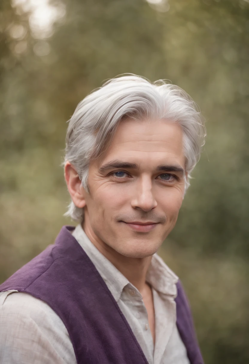 A photo of the character helping build a house for a family in need.,original,silver haired man with purple eyes, kind face, sweet smile, sharp features, late teens