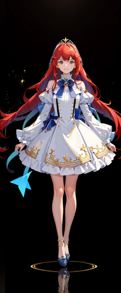 (Full body photo:1.4),white backgrounid,(1 Angel Girl,glistening stars,diadems,Delicate headgear,ssmile),(paper art,Quilted paper art,geometry),(Lots of colors,Best quality,high detal,tmasterpiece,movie light effect,4K,lightand shade contrast)Sheer tulle dress,Blue socks,Red straight hair,army suit