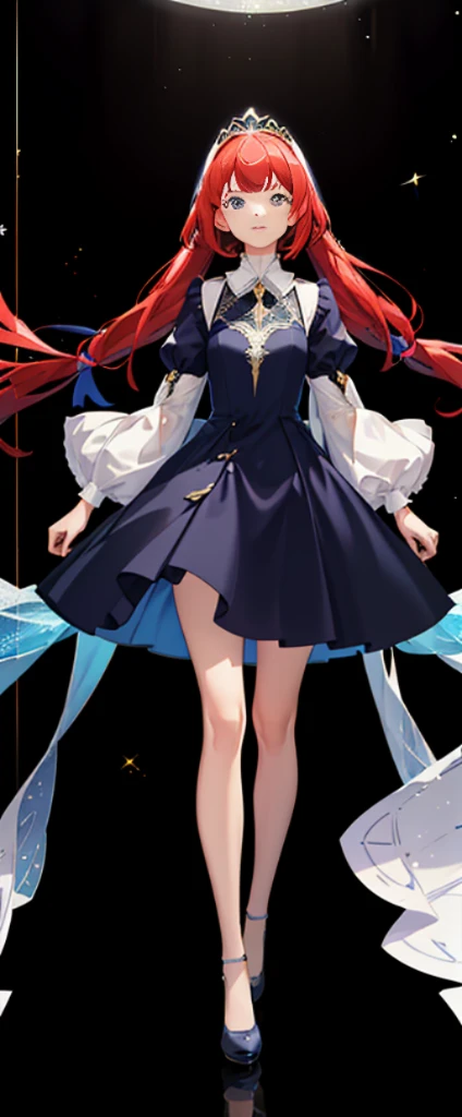 (Full body photo:1.4),white backgrounid,(1 Angel Girl,glistening stars,diadems,Delicate headgear,ssmile),(paper art,Quilted paper art,geometry),(Lots of colors,Best quality,high detal,tmasterpiece,movie light effect,4K,lightand shade contrast)Sheer tulle dress,Blue socks,Red straight hair,army suit