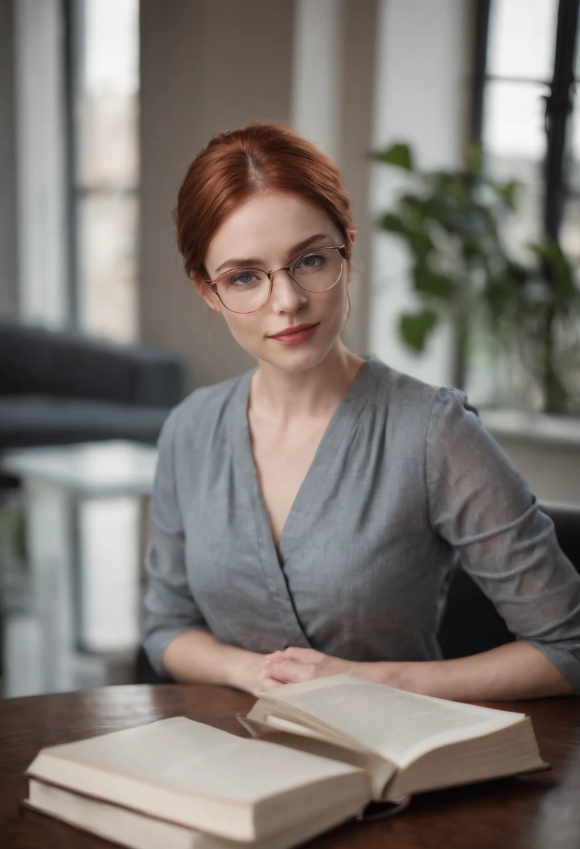 A photo of a stack of books on a coffee table, with a pair of glasses resting on top.,original,red hair, red beard, brown eyes, pale skin, square-framed glasses, button-up shirts, dress slacks, Scandinavian, thin, slender, tall