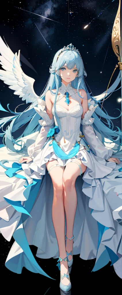 (fully body photo:1.4),white backgrounid,(1 Angel Girl,glistening stars,diadems,Delicate tiara,ssmile),(paper art,Quilted paper art,geometry),(Lots of colors,Best quality at best,high detal,tmasterpiece,movie light effect,4K,lightand shade contrast)Sheer tulle dress,Blue socks,Blue straight hair,army suit