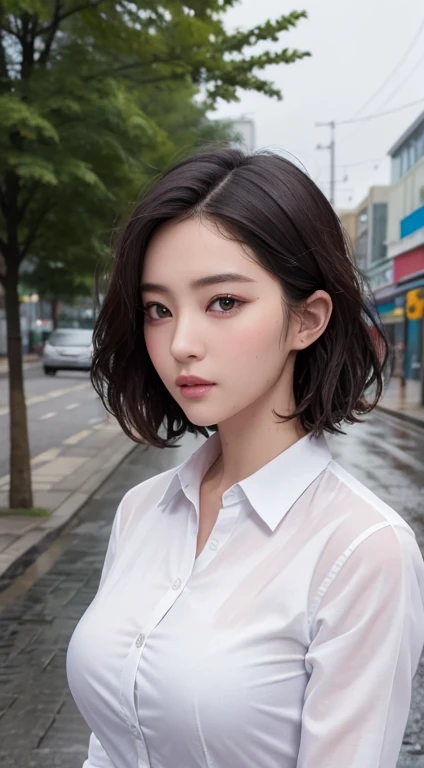((Best Quality, 8K, Masterpiece: 1.3)), Sharp: 1.2, Perfect Body Beauty: 1.4, Slim Abs: 1.2, ((Layered Hairstyle, Big Breasts: 1.2)), (Wet White Button Long Shirt: 1.1), (Rain, Street: 1.2), Wet: 1.5, Highly Detailed Face and Skin Texture, Detailed Eyes, Double Eyelids, Looking at the Camera