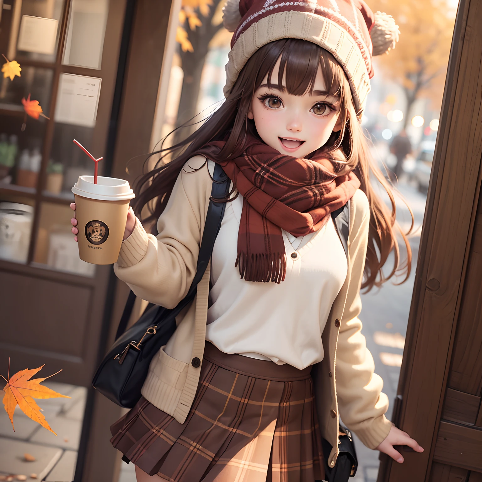 1girl in, Autumn leaves, Bangs, black headwear, Blurry background, blush, Brown eyes, Brown hair, （Accurate Hand Modeling）,brown scarf, Brown skirt, Cardigan, Coffee, Cowboy Shot, cup, Disposable cups, Drink, Falling leaves, Beanie, Holding, Hold drinks, fronds, Long hair, Long sleeves, Looking at Viewer, open cardigan, Open mouth, Plaid, plaid skirts, puffy long sleeves, Red Sweater, scarf, Shirt, shirt tucked in, side locks, Skirt, Smile, Solo, Sweaters, White shirt, Extremely detailed, Convoluted, masutepiece, absurderes
