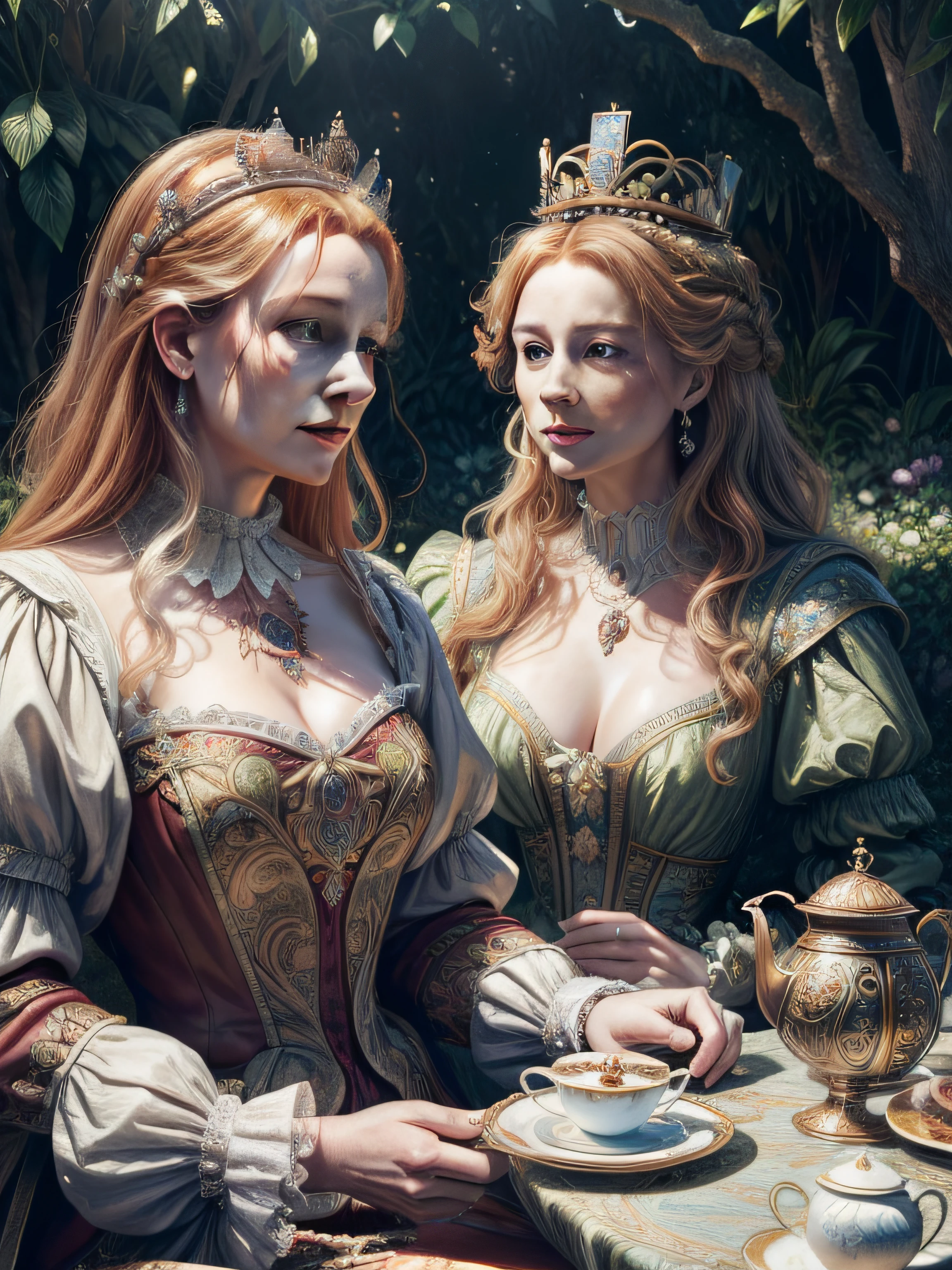 (Queen Elizabeth I) and (Queen Elizabeth II) having afternoon tea in the garden of Eden, detailed face, detailed eyes, happy laughter, insanely detailed and intricate, ultra-sharp and clear, volumetric lighting, ultra-high resolution, masterpiece hyper realistic artwork of Frank Bellamy, insanely detailed and intricate, centered, Professional Color Grading by Kenneth Hines Jr., trending on Artstation