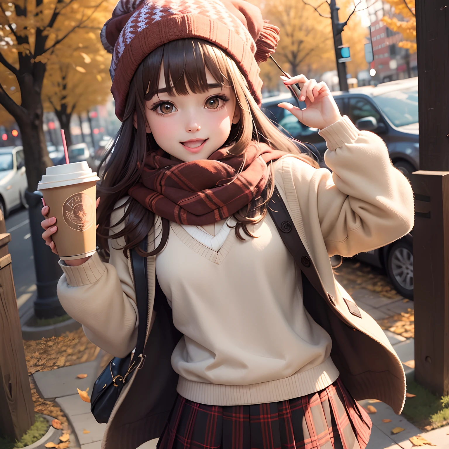 1girl in, Autumn leaves, Bangs, black headwear, Blurry background, blush, Brown eyes, Brown hair, (Accurate Hand Modeling),brown scarf, Brown skirt, Cardigan, Coffee, Cowboy Shot, cup, Disposable cups, Drink, Falling leaves, Beanie, Holding, Hold drinks, fronds, Long hair, Long sleeves, Looking at Viewer, open cardigan, Open mouth, Plaid, plaid skirts, puffy long sleeves, Red Sweater, scarf, Shirt, shirt tucked in, side locks, Skirt, Smile, Solo, Sweaters, White shirt, Extremely detailed, Convoluted, masutepiece, absurderes