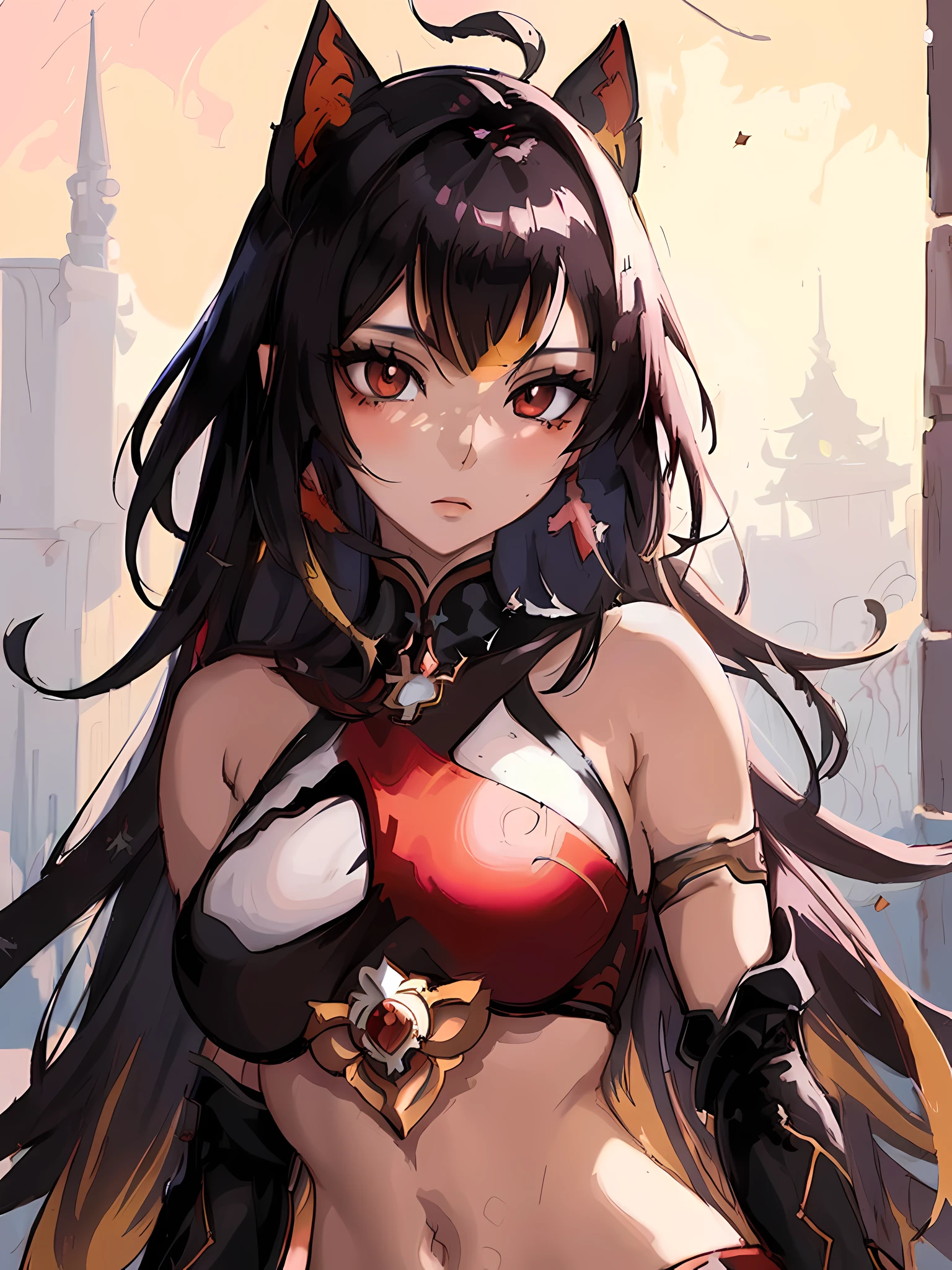 a close up of a woman in a red top and black hair, anime goddess, Dehya genshin impact, seductive anime girl, extremely detailed artgerm, portrait knights of zodiac girl, Dehya from genshin impact, beautiful alluring anime woman, detailed digital anime art, attractive anime girl, detailed anime character art, beautiful anime woman