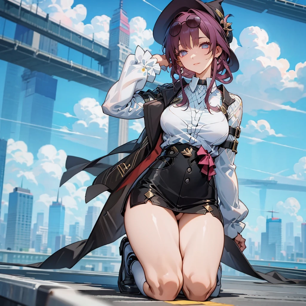 Full body, Delicate Face, Beautiful Face, 35 Year Old Woman, Slim Figure, Large Bust, Transparent bra, sheer panties, transparent long socks, Kneeling flexing pussy, (Masterpiece) best quality, highly detailed, ultra-detailed, cloud, witch_hat, hat, 1girl, Cities of the future, Lettering in the Neno, Flying Cars, Neon Effects,