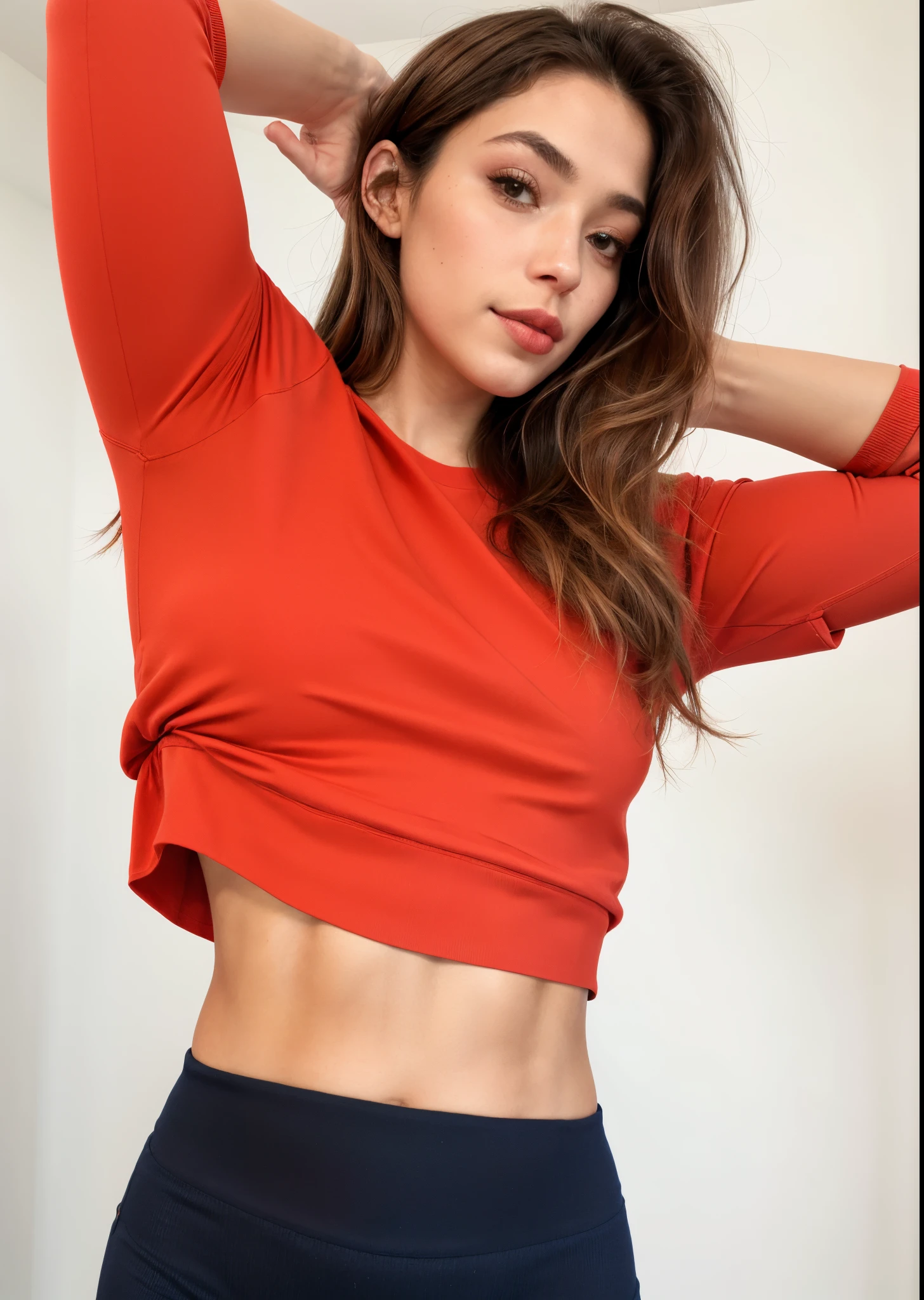 um close up de uma mulher de camisa vermelha e bermuda preta, roupas vermelhas, vestindo roupas vermelhas, roupas esportivas vermelhas, camisa vermelha, usando um capuz escarlate, tudo vermelho, Encaixe figura delicada, usando uma roupa vermelha, 2 Modelo feminina de 4 anos, usando um top cropped, usando um capuz vermelho, midriff exposto, vestindo moletom, usando crop top