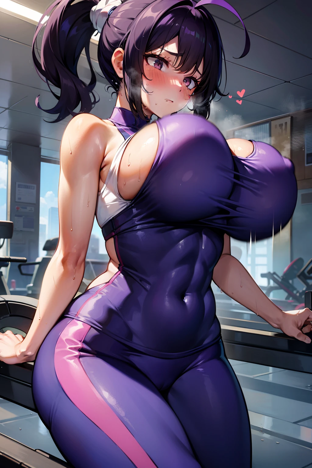 gym, workout, hot, sweating, sweaty, tan, big boobs, tan skin, flustered, blush, purple clothes, see thru, yoga pants, black hair, soaked, wet, naked boobs, cleavage, running, running on treadmill, girl running on treadmill, in pain, painfull, running, sprintimg, running, curvy, purple yogapants, purple pants, ponytail, bouncing breasts, bouncy breasts, curvy woman