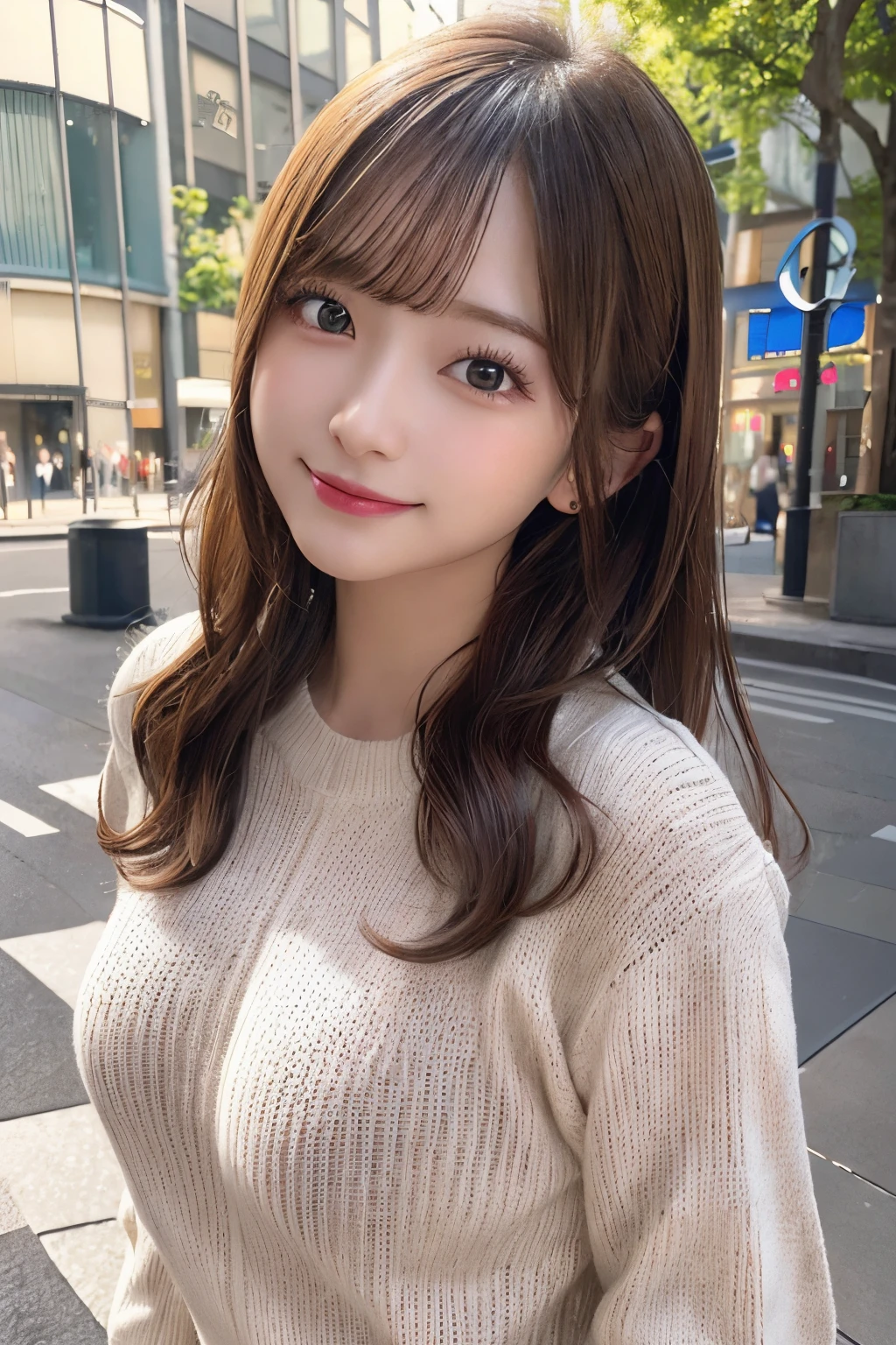 masutepiece, Best Quality, Illustration, Ultra-detailed, finely detail, hight resolution, 8K Wallpaper, Perfect dynamic composition, Beautiful detailed eyes, Women's Fashion Summer,Medium Hair,Small breasts natural color lip, Bold sexy poses,Smile,Harajuku、20 years girl、Cute、Sexy shot looking at camera、Knitted sweaters