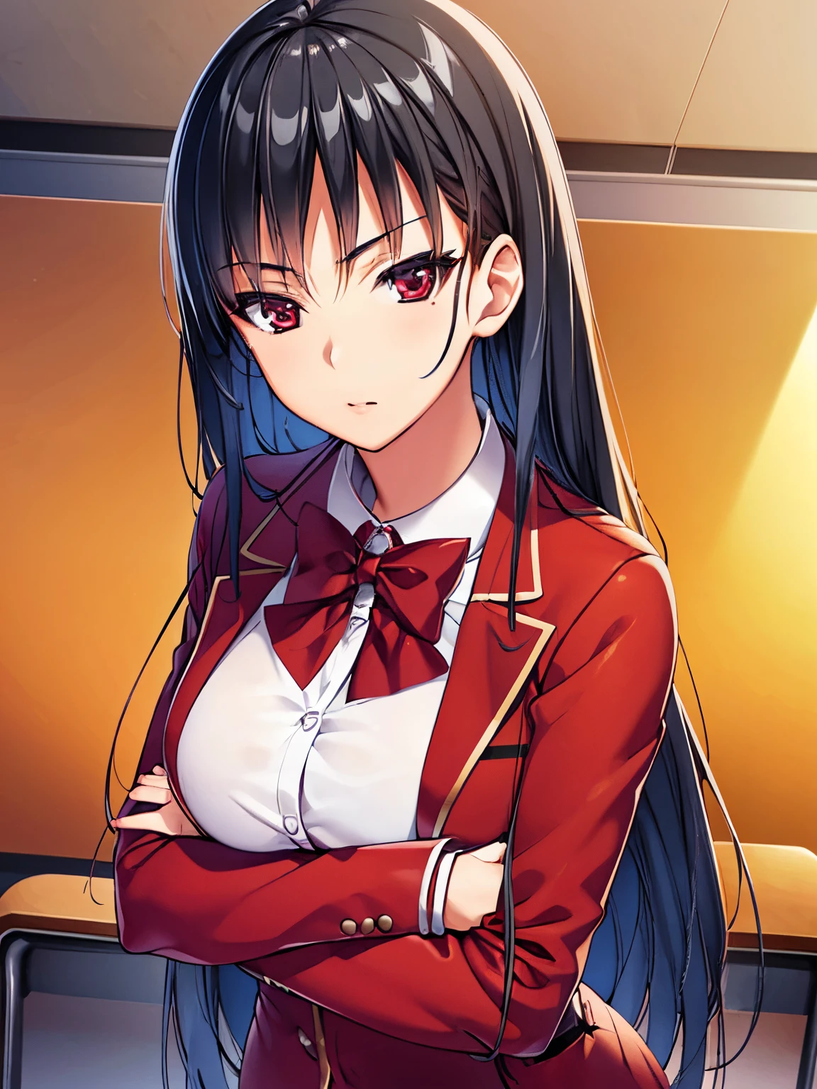 a woman in red school uniform,black hair, red eyes, classroom
masterpeace, best quality, (extremely detailed CG:1.4), highly detailed faces