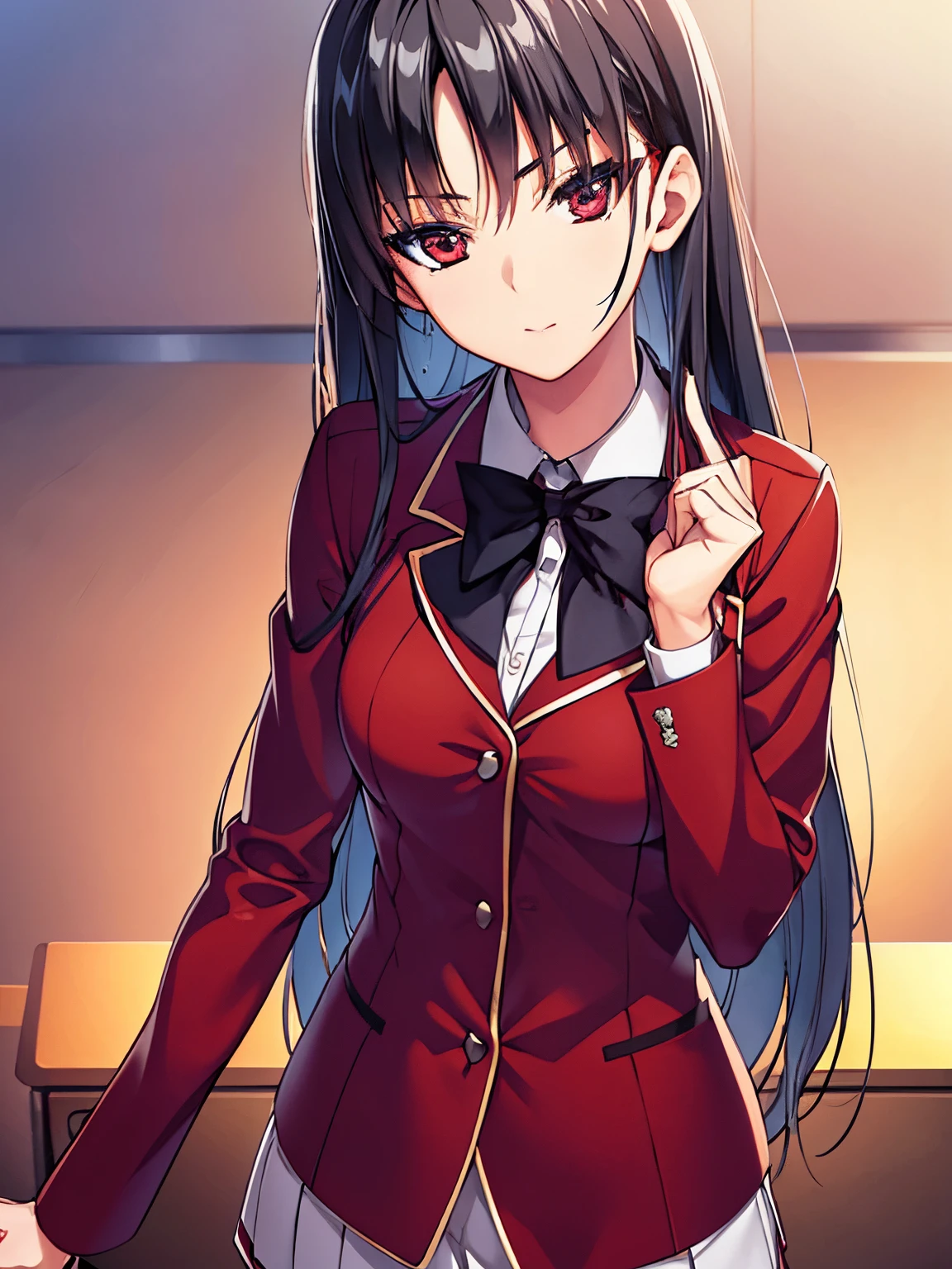 a woman in red school uniform,black hair, red eyes, classroom
masterpeace, best quality, (extremely detailed CG:1.4), highly detailed faces