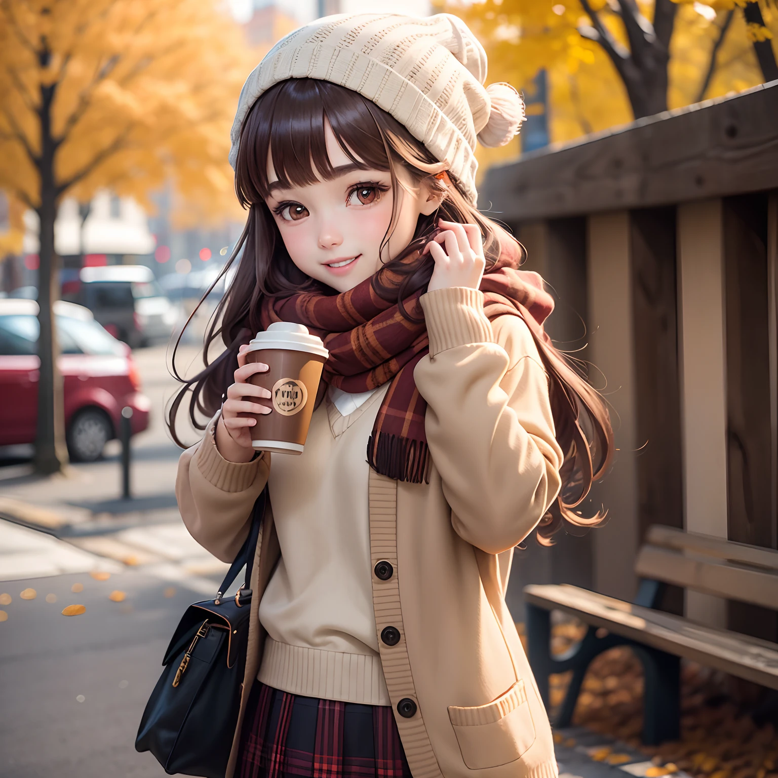 1girl in, Autumn leaves, Bangs, black headwear, Blurry background, blush, Brown eyes, Brown hair, (Accurate Hand Modeling),brown scarf, Brown skirt, Cardigan, Coffee, Cowboy Shot, cup, Disposable cups, Drink, Falling leaves, Beanie, Holding, Hold drinks, fronds, Long hair, Long sleeves, Looking at Viewer, open cardigan, Open mouth, Plaid, plaid skirts, puffy long sleeves, Red Sweater, scarf, Shirt, shirt tucked in, side locks, Skirt, Smile, Solo, Sweaters, White shirt, Extremely detailed, Convoluted, masutepiece, absurderes