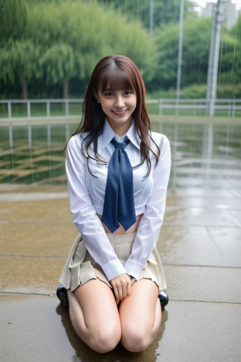 (It's raining heavily: 1.5), (((under the rain、High school girl dancing in schoolyard: 1.5))), (Cute 18 year old schoolgirl), (((Whole body wet in the rain: 1.5 ))), (Sneaky smile: 1.5), (((Hair is wet in the rain, Bangs are wet from rain, Uniform collar blouse is wet in the rain: 1.5))), (( The blouse is transparent, blouse is wet and close to the skin: 2)), ((The skirt is wet)), ((Not wearing a bra)), ((The shadow of the nipple is visible on the chest: 1.2)) , ((Loosely tied red ribbon: 2)), ((1 woman: 1.5)), (Anatomically correct proportions), Sexy proportions, (((Bruise Pose))), ( (Dancing)), ((above the knee shot: 1.5)), Detailed face, detailed hairs, Detailed skin, a small face: 1.2, No makeup, Big breasts, (( short torso:1.2)), thin waist, Small buttocks, ((1screen)), 8K, RAW shot, Highest Quality, masutepiece, realistic photo shot