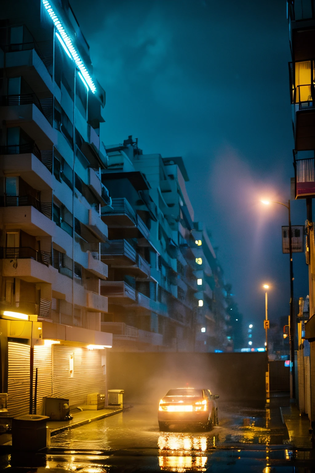 Cinema Camera、８K、Top image quality、natta、overlooks、Viewpoint from above、Wide Angle、Focal length 20mm、Heavy rain、Apartment parking lot、Parking lot illuminated on the street、Old apartment、High school girl lying face down in the parking lot、I can&#39;t see your face because it&#39;s facing the ground.、the ground is wet from the rain、Light leaking from the apartment balcony、